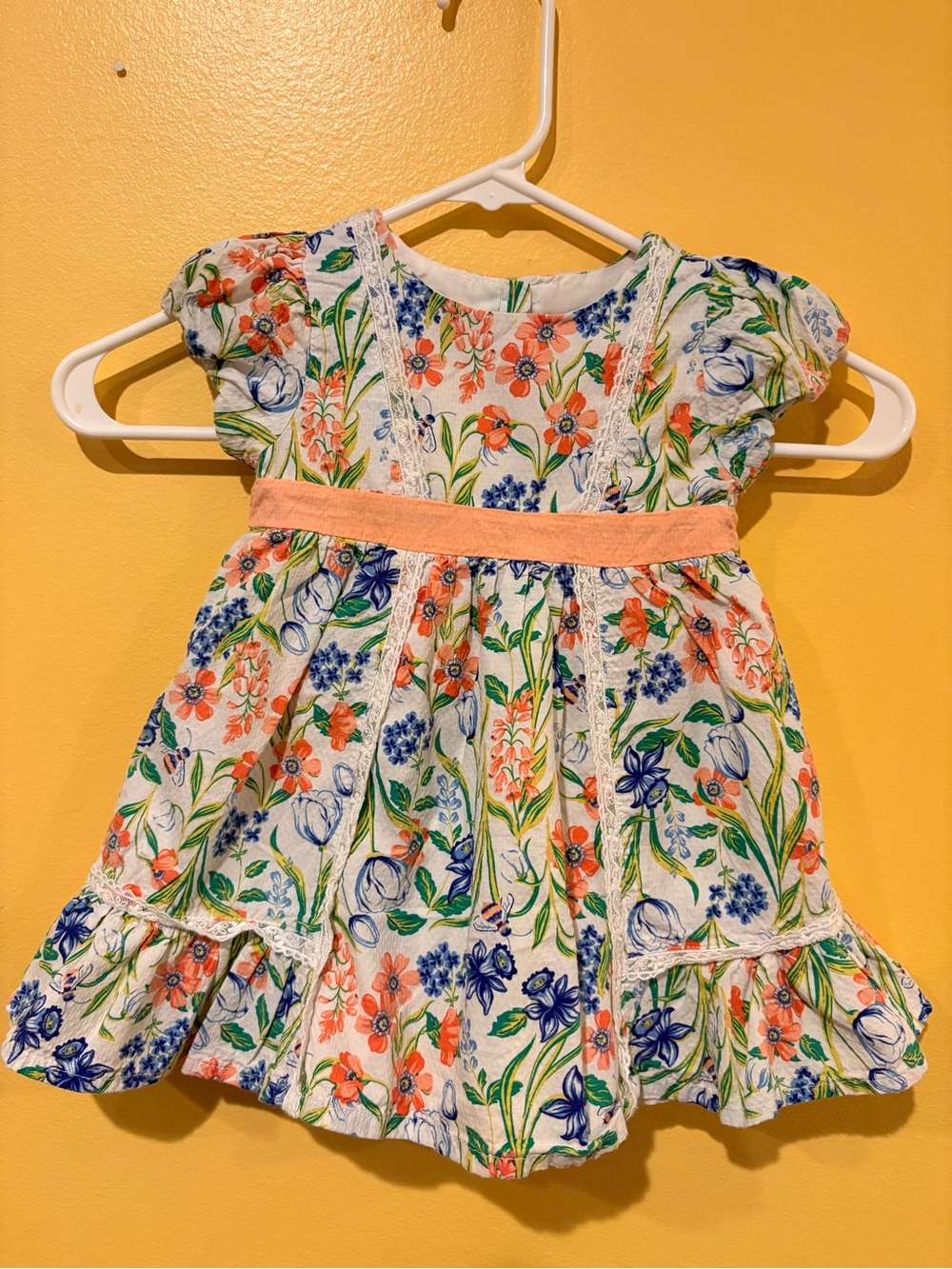 Rachel Zoe White Floral Cotton Dress with Coral Waistband